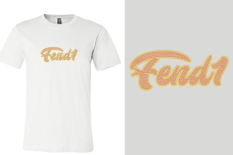 Rhinestones Fend1 2-color stones orange yellow Designer font Unisex t-shirt
