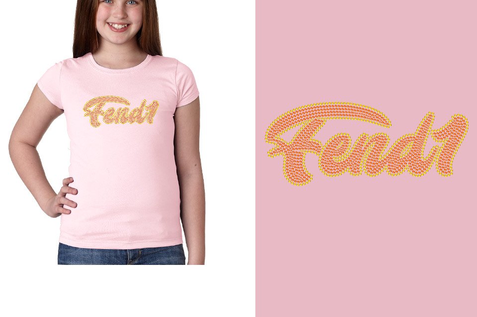 Rhinestones Fend1 2-color stones orange yellow Designer font Girls' Princess T-Shirt