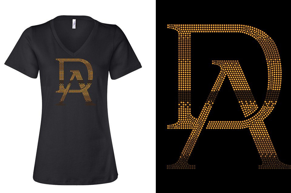 Rhinestones DA Interlocking Gold Brown Stones Women's Relaxed V-Neck