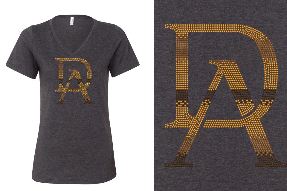 Rhinestones DA Interlocking Gold Brown Stones Women's Relaxed V-Neck