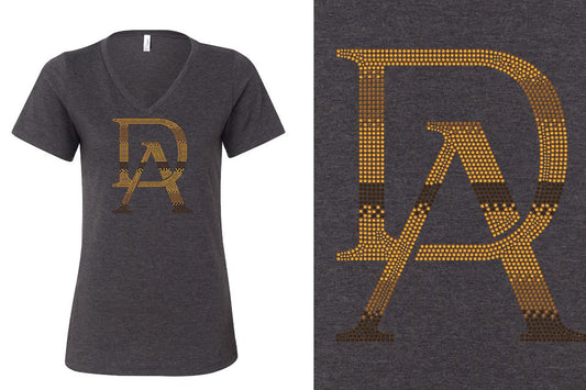 Rhinestones DA Interlocking Gold Brown Stones Women's Relaxed V-Neck