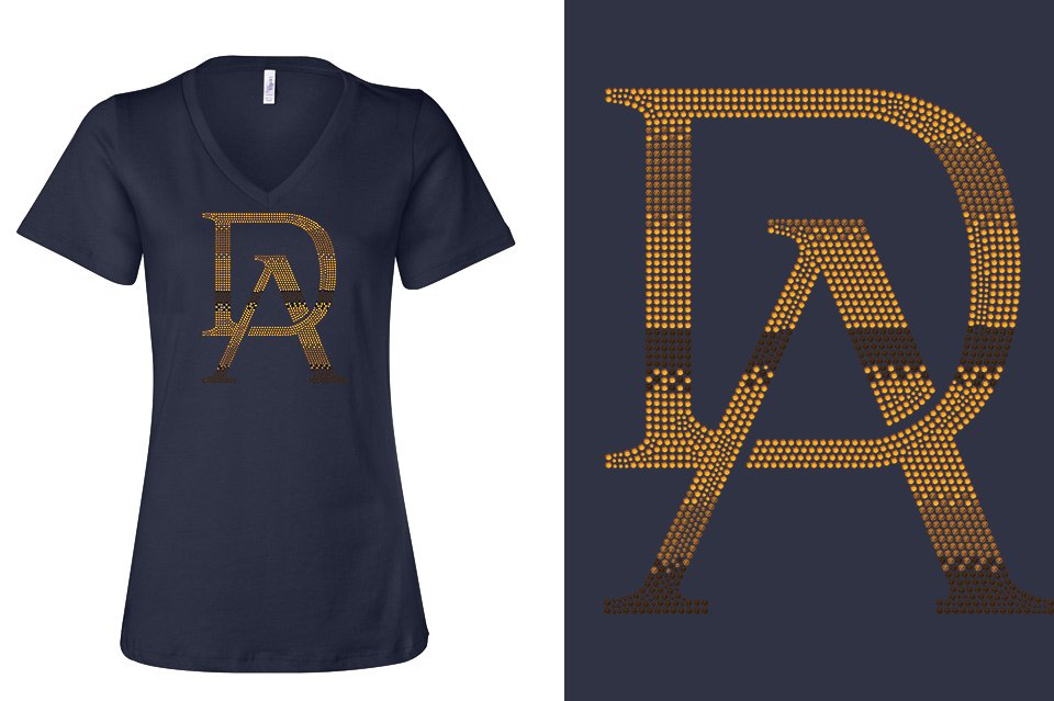 Rhinestones DA Interlocking Gold Brown Stones Women's Relaxed V-Neck