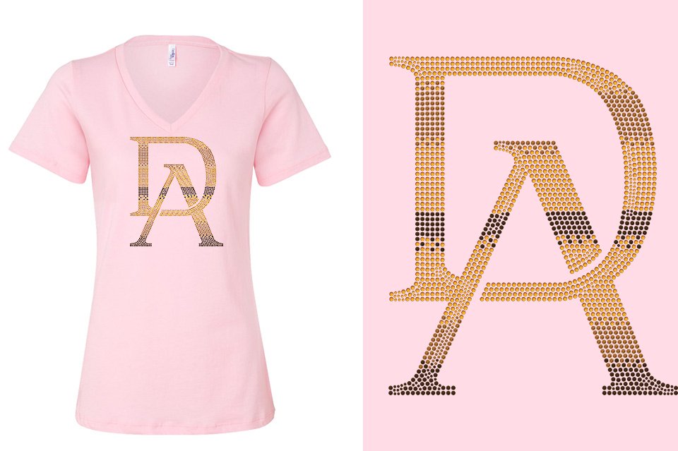 Rhinestones DA Interlocking Gold Brown Stones Women's Relaxed V-Neck