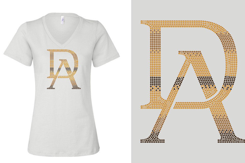 Rhinestones DA Interlocking Gold Brown Stones Women's Relaxed V-Neck