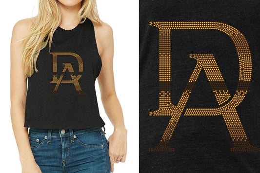 Rhinestones DA Interlocking Gold Brown Stones Relaxed Fit Women's Racerback Cropped Tank