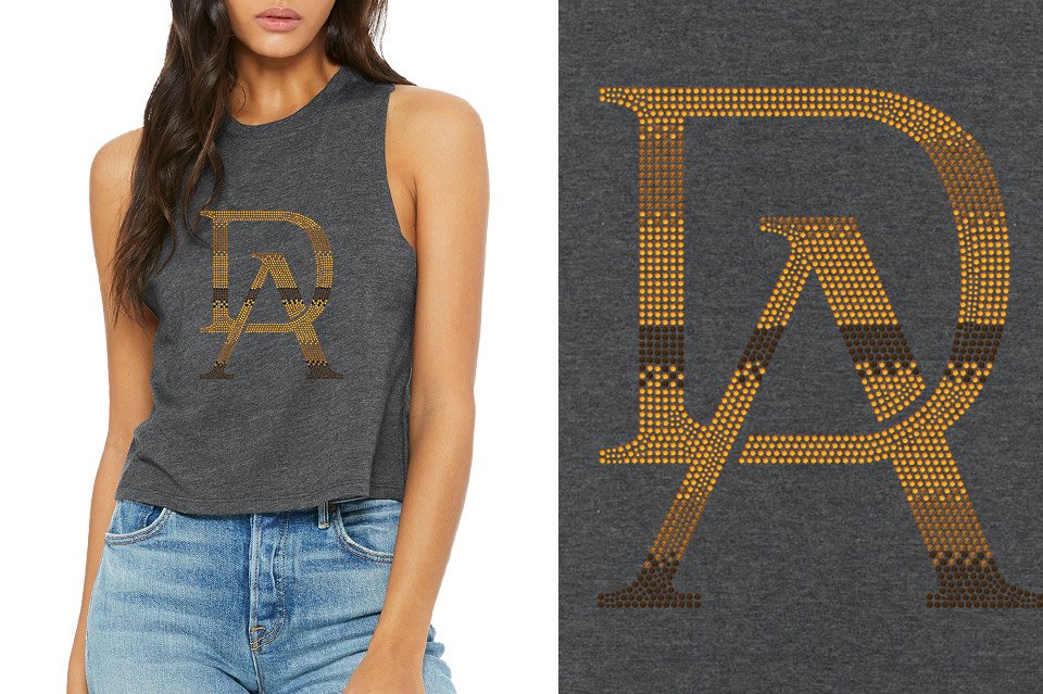 Rhinestones DA Interlocking Gold Brown Stones Relaxed Fit Women's Racerback Cropped Tank