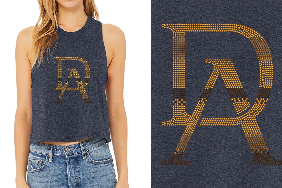 Rhinestones DA Interlocking Gold Brown Stones Relaxed Fit Women's Racerback Cropped Tank