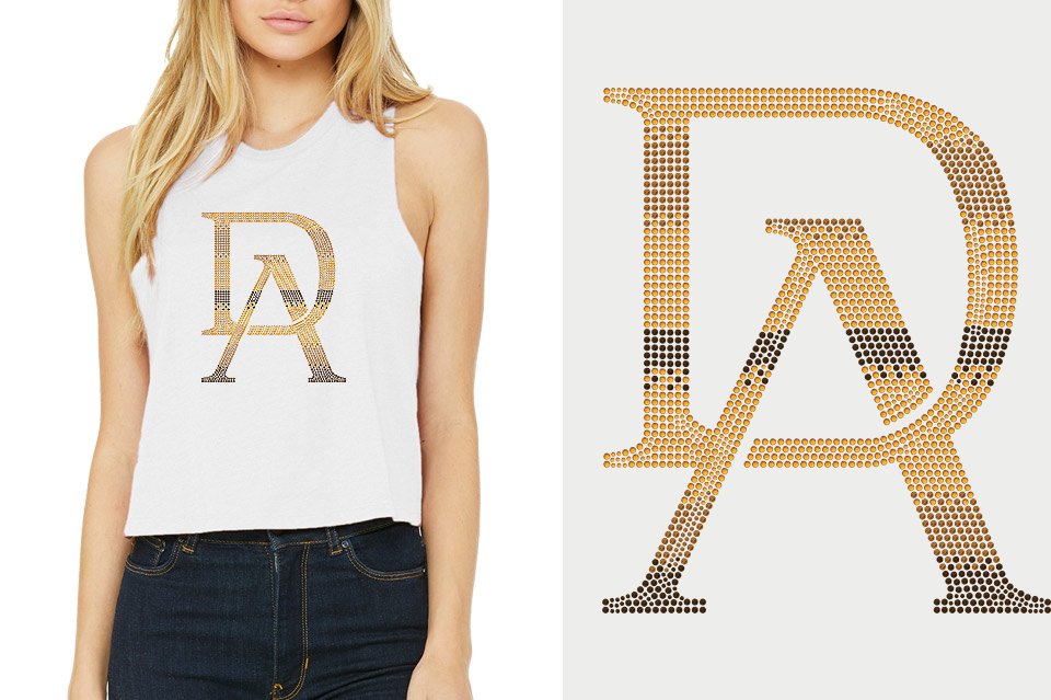 Rhinestones DA Interlocking Gold Brown Stones Relaxed Fit Women's Racerback Cropped Tank