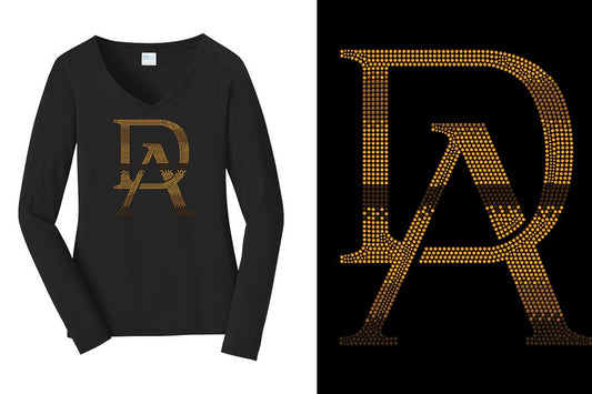 Rhinestones DA Interlocking Gold Brown Stones Women's Relaxed Fit Long Sleeve v-neck