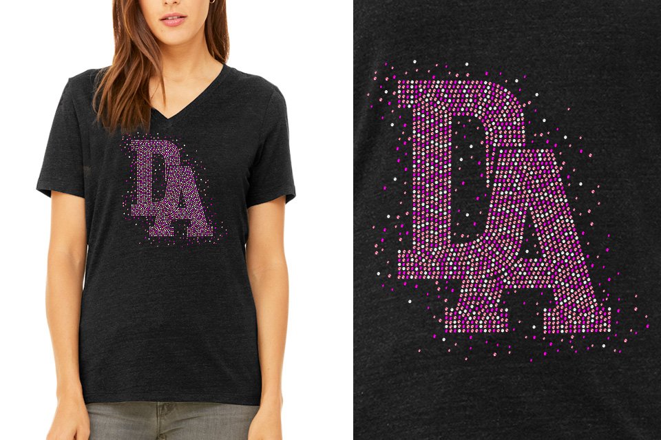 Rhinestones DA Interlocking Pink Crystal Women's Relaxed V-Neck