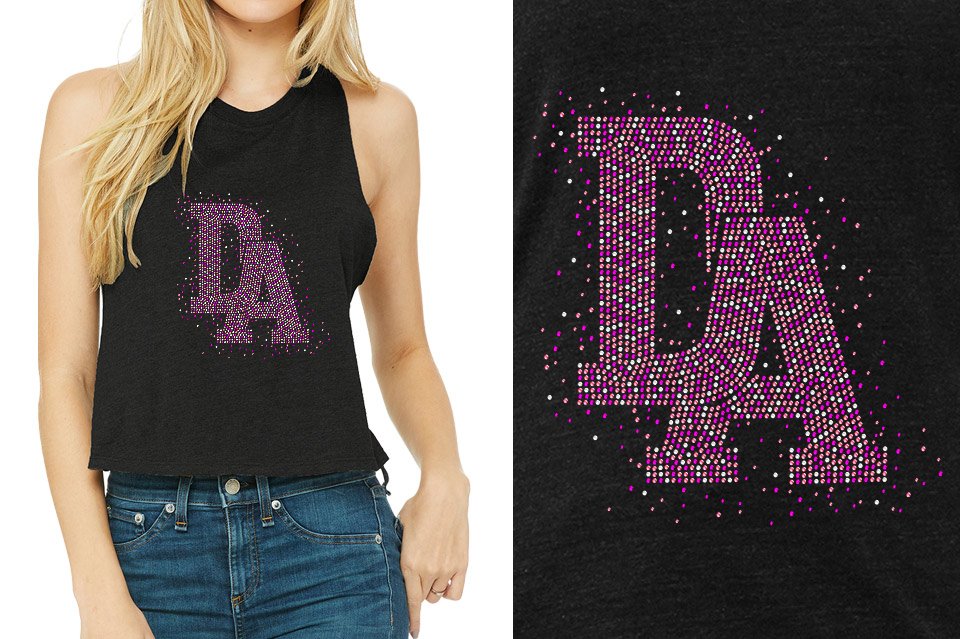 Rhinestones DA Interlocking Pink Stones Crystal Relaxed Fit Women's Racerback Cropped Tank