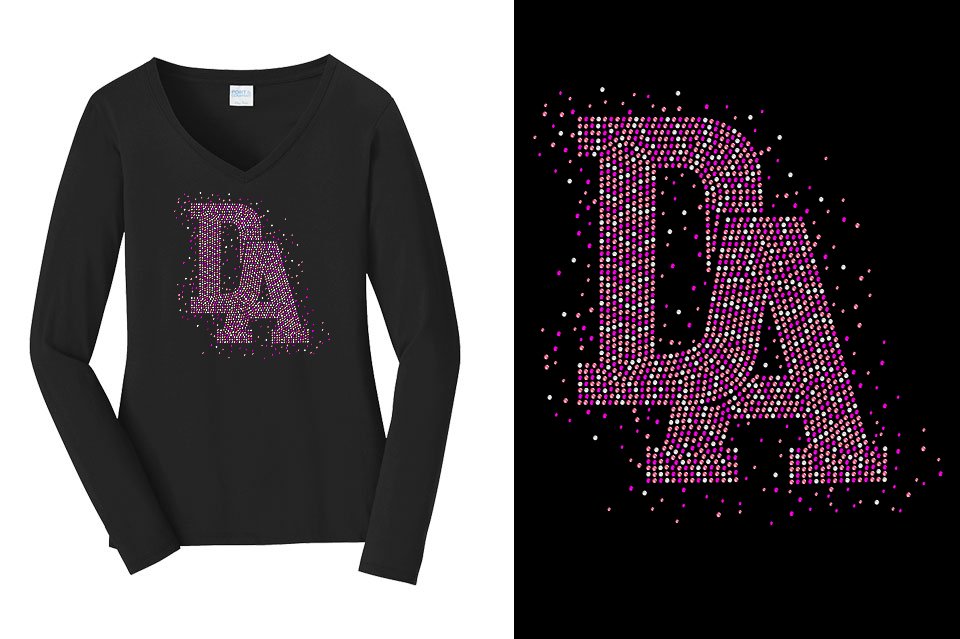 Rhinestones DA Interlocking Pink Stones Crystal Women's Relaxed Fit Long Sleeve V-neck