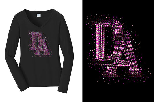Rhinestones DA Interlocking Pink Stones Crystal Women's Relaxed Fit Long Sleeve V-neck