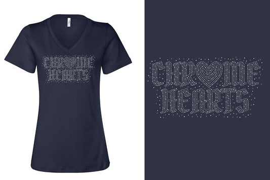 Rhinestones Chrome Hearts Women's Relaxed V-Neck