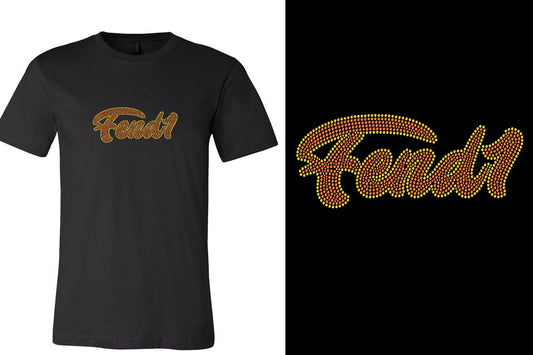 Rhinestones Fend1 2-color stones orange yellow Designer font Unisex t-shirt