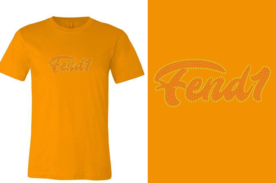 Rhinestones Fend1 2-color stones orange yellow Designer font Unisex t-shirt