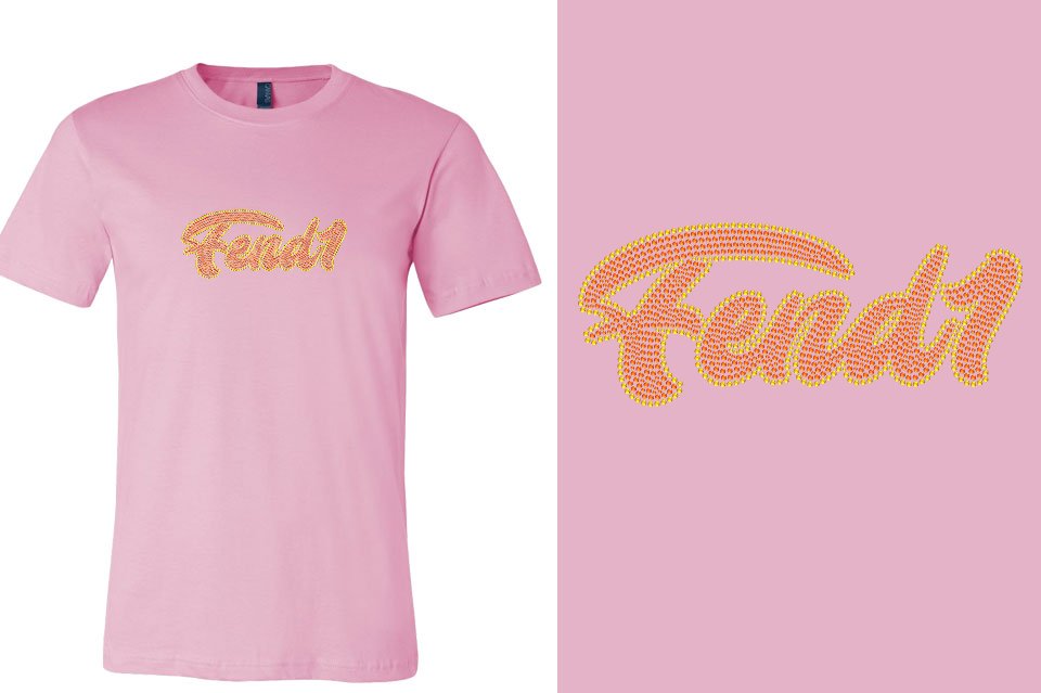 Rhinestones Fend1 2-color stones orange yellow Designer font Unisex t-shirt