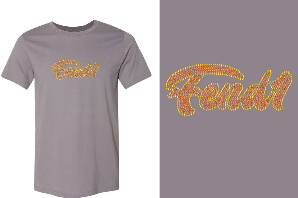 Rhinestones Fend1 2-color stones orange yellow Designer font Unisex t-shirt