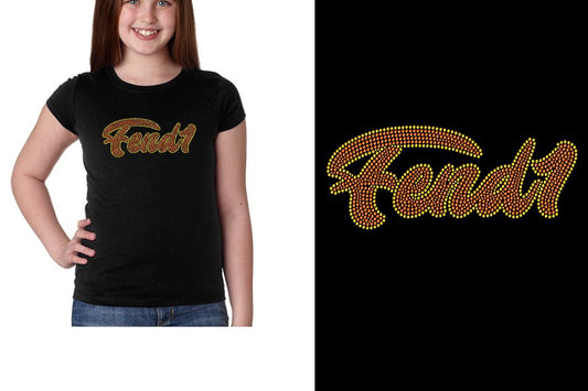 Rhinestones Fend1 2-color stones orange yellow Designer font Girls' Princess T-Shirt