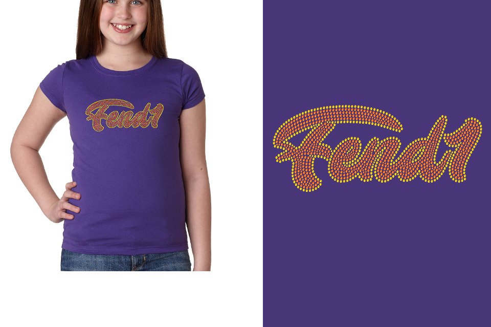 Rhinestones Fend1 2-color stones orange yellow Designer font Girls' Princess T-Shirt