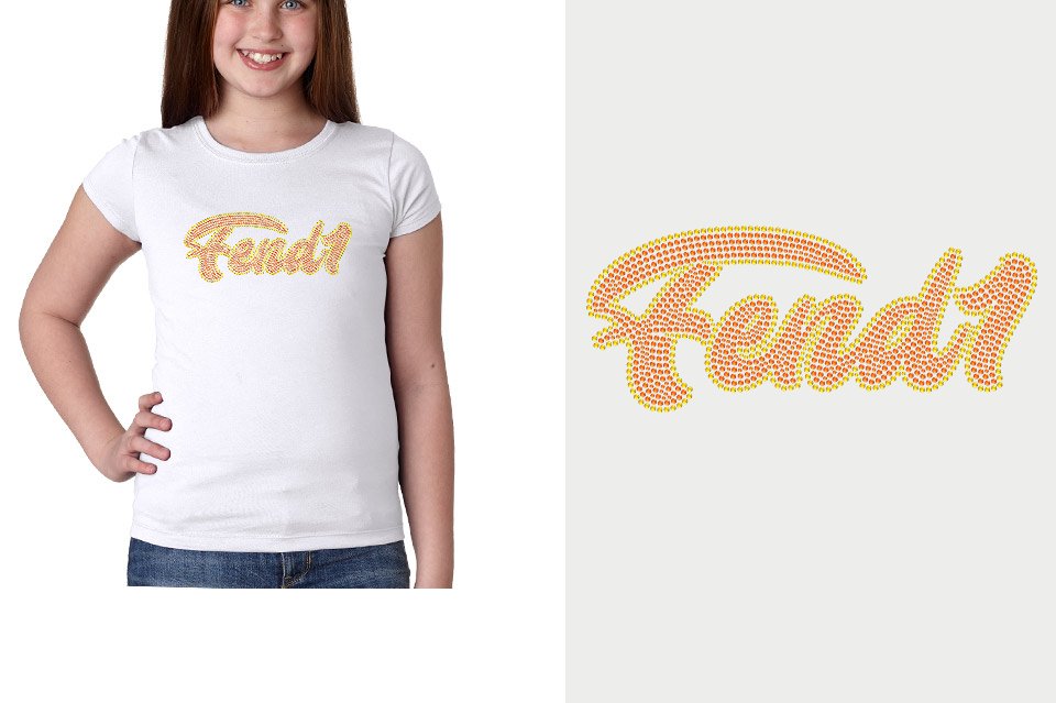 Rhinestones Fend1 2-color stones orange yellow Designer font Girls' Princess T-Shirt